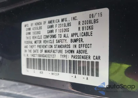 2016 Honda Accord Ex-L из США, поврежденный, VIN 1HGCT1B86GA002127